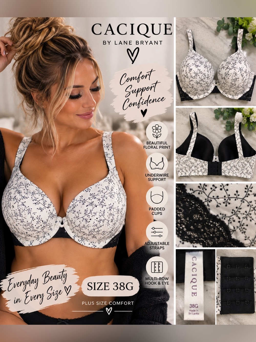 Cacique 38G Black White Floral Underwire Bra Full Coverage Plus Size
